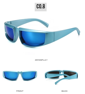 Three-view layout of blue cycling sunglasses with metallic frame and mirror lenses