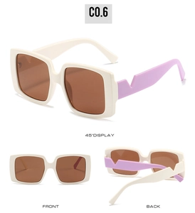 Detail view of large rectangular sunglasses with cream frames and purple temples