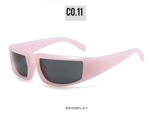 Detailed 45-degree side view of pink sports cycling sunglasses with wide temples