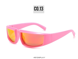 Detail view of pink cycling sunglasses with orange reflective lenses at 45 degree display
