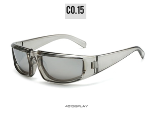 45-degree angle display of semi-transparent grey rectangular Y2K cycling sunglasses