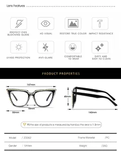 Detailed size chart for rhinestone cat eye sunglasses with frame width 147mm and PC material