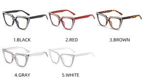 Detailed view of five color options for oversized rhinestone cat eye sunglasses