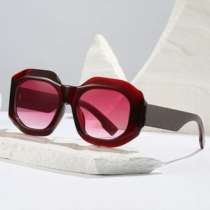 Oversized geometric wine red sunglasses with gradient lenses and checkered temple pattern