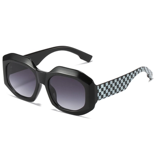 Modern oversized square sunglasses with black frame and checkerboard pattern temples