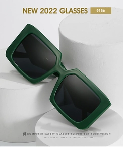 Detail view of model 9156 dark green square frame sunglasses with thick wide temples