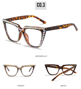 Detailed views of tortoise cat-eye sunglasses featuring vibrant colorful crystal embellishments