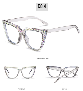 Three-view display of cat eye sunglasses with rainbow crystal rhinestones in clear frame