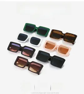 Detail view of stylish square thick frame sunglasses in seven diverse fashion colors