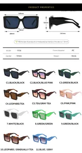Detailed size specifications and color options for large square frame PC sunglasses