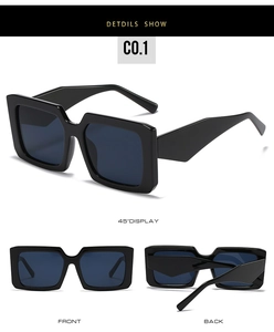 Detailed views of wide-leg square sunglasses with black frame and blue lenses