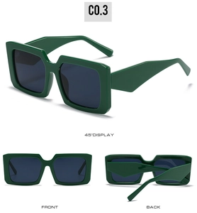 Three-way view of dark green square sunglasses with wide temples and dark grey lenses