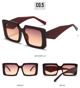 Three views of dark burgundy square sunglasses with orange to purple gradient lenses