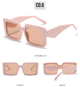 Detail view of pink square sunglasses with brown lenses showing front, back, and 45-degree angles