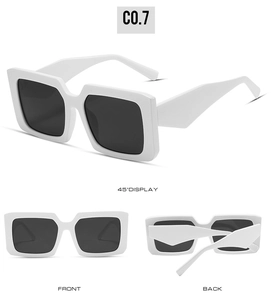Detailed multi-angle views of white square sunglasses with wide temples and dark lenses