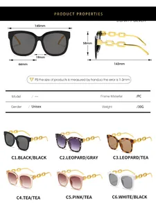 Detailed size specifications for square sunglasses featuring golden chain link temples