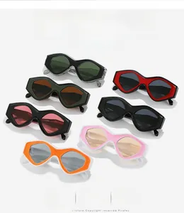 Collection of geometric cat-eye sunglasses in various colors on a white background
