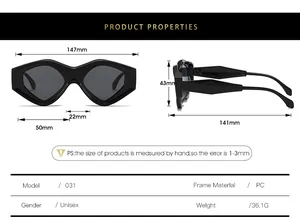Detailed size chart for triangle cat eye sunglasses showing PC frame dimensions and weight