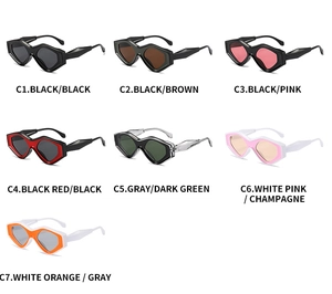 Cat eye sunglasses detail showing seven color options from black to orange white frames