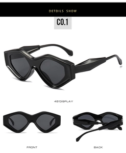 Three-view display of cool triangular cat-eye sunglasses with thick geometric black frames