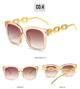 Champagne square sunglasses with gold metal chain temples shown from three different angles