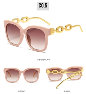 Detail shots of pink square sunglasses with golden chain temples from multiple angles