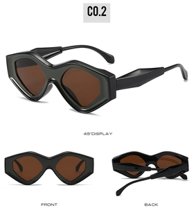 Multi-angle view of black geometric triangle cat eye sunglasses with brown lenses