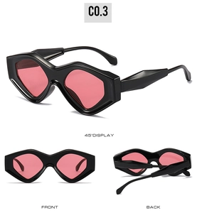 Three-way view of trendy triangle cat-eye sunglasses with pink lenses and black frames