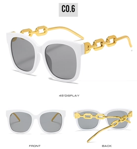 Detailed multi-angle views of white square sunglasses with gold metal chain temples