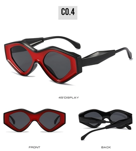 Three-angle display of edgy cat-eye sunglasses with black and red geometric frame