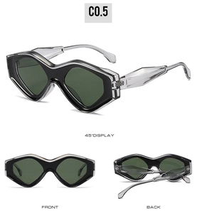 Detailed views of grey triangular cat eye sunglasses with dark green lenses and geometric frames