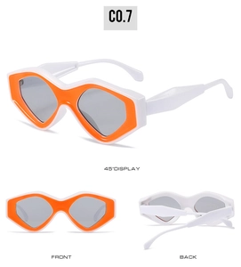 Three-angle view of trendy cat eye sunglasses featuring orange and white geometric frames