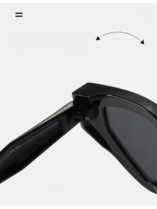 Detail view of durable metal hinges and size specs on triangle cat eye sunglasses