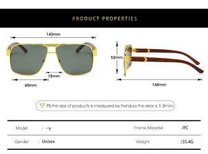 Detailed size chart for oversized square sunglasses with PC frame dimensions and weight