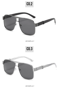 Detail view of double bridge square pilot sunglasses with textured metal frame and wavy temples