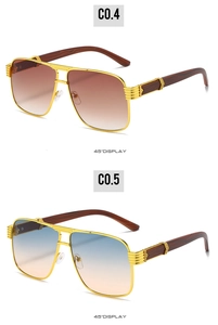 Detail view of retro pilot sunglasses with wood grain temples and gradient lenses