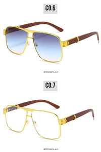 Detail of square pilot sunglasses with wood grain temples and elegant gold metal accents