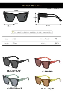 Detailed size chart for oversized cat-eye sunglasses with rivet studs and frame specs