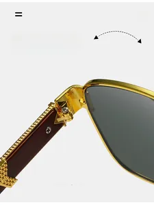 Detail of durable texture hinge and wood-grain temples on stylish square metal sunglasses