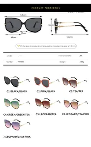 Size chart showing exact frame width lens dimensions and PC material for oversized sunglasses