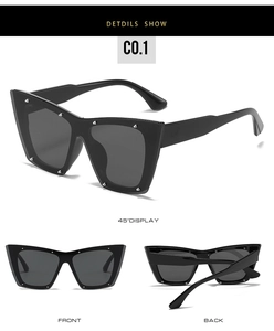 Three-angle views of black cat-eye sunglasses with silver rivet details and glossy finish