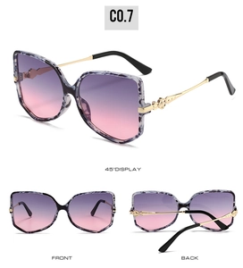 Detailed multi-angle views of cat-eye sunglasses with gradient lenses and patterned frames