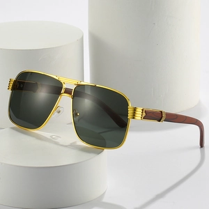 Retro square double bridge sunglasses with gold metal frame and wood grain temples