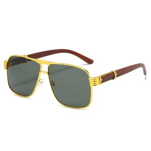 Stylish square frame sunglasses with gold double bridge and dark green lenses