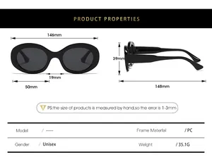Size chart showing dimensions of oval sunglasses frame width and arm length