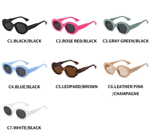 Detailed grid display of oval retro sunglasses in seven assorted color variations