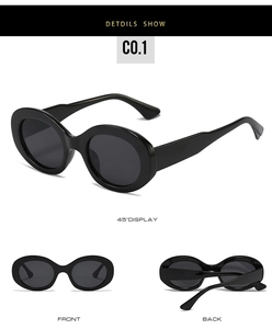 Multi-angle views of black oval sunglasses featuring wide temples and glossy finish