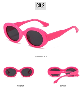Three-view display of oval pink sunglasses with dark gray lenses from multiple angles