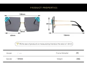 Detailed technical specification chart with dimensions for oversized rimless sunglasses