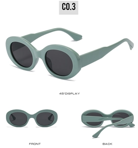 Front and back views of oval sage green retro sunglasses with thick frames and black lenses